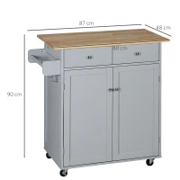 HOMCOM Rolling Kitchen Island on Wheels, Utility Serving Cart with Rubber Wood Top, Towel Rack, Hooks and Storage Drawers, Grey(m-3)