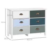 HOMCOM Chest of Drawers, 6-Drawer Dresser, Shabby Chic Storage Cabinet with Antique Handles for Bedroom, Multi-Coloured(m-3)