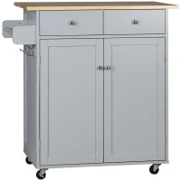 HOMCOM Rolling Kitchen Island on Wheels, Utility Serving Cart with Rubber Wood Top, Towel Rack, Hooks and Storage Drawers, Grey(m-1)