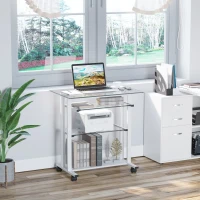 HOMCOM Workstation W/ Wheels-White, Transparent Glass(m-11)