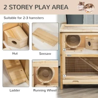PawHut Wooden Hamster Cage, Mice Rodent Small Animals Kit Hutch, 2 Tiers Exercise Play House, with Sliding Tray, Ladder, Seesaw, Running Wheel, Openable Roofs, 78 x 41.5 x 60 cm, Natural(m-6)