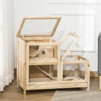 PawHut Wooden Hamster Cage, Mice Rodent Small Animals Kit Hutch, 2 Tiers Exercise Play House, with Sliding Tray, Ladder, Seesaw, Running Wheel, Openable Roofs, 78 x 41.5 x 60 cm, Natural(m-2)