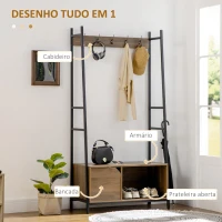 HOMCOM Móvel Cabide de Entrada com Sapateiro Banco 5 Ganchos Armário e Prateleira Aberta 84x40x169cm Marrom Rústico(m-4)