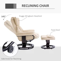 HOMCOM Faux Leather Recliner Chair and Footstool, Swivel Upholstered Armchair and Footstool with Adjustable Backrest, Solid Wood Base for Living Room, Cream(m-4)