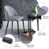 HOMCOM Lot de 2 chaises salle à manger chaise de cuisine scandinave chaise en velours rembourrée avec pieds effilés en métal, pour salon, salle à manger, gris(m-5)