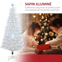 HOMCOM Sapin de Noël Artificiel Blanc Sapin Lumineux 180H cm Fibre Optique + 220 LED Couleurs RVB 7 Modes Support Pied Inclus 220 Branches étoile Sommet Brillante(m-5)
