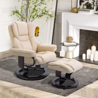 HOMCOM Faux Leather Recliner Chair and Footstool, Swivel Upholstered Armchair and Footstool with Adjustable Backrest, Solid Wood Base for Living Room, Cream(m-10)
