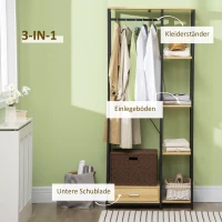 HOMCOM Garderobe im Industriedesign 1 Schublade, 1 Kleiderstange, 4 Regale 77 cm x 39 cm x 180 cm Schwarz + Natur(m-4)