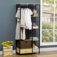 HOMCOM Garderobe im Industriedesign 1 Schublade, 1 Kleiderstange, 4 Regale 77 cm x 39 cm x 180 cm Schwarz + Natur(m-2)