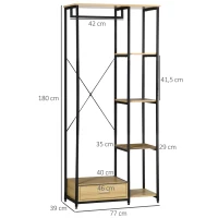 HOMCOM Garderobe im Industriedesign 1 Schublade, 1 Kleiderstange, 4 Regale 77 cm x 39 cm x 180 cm Schwarz + Natur(m-3)