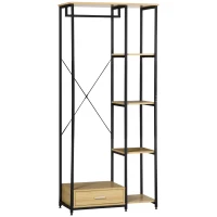 HOMCOM Garderobe im Industriedesign 1 Schublade, 1 Kleiderstange, 4 Regale 77 cm x 39 cm x 180 cm Schwarz + Natur(m-1)