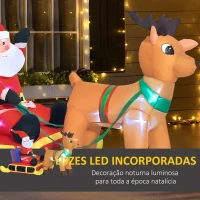HOMCOM Decoração de Natal Inflável Pai Natal com Rena 8 Luzes LED Iluminação de Natal para Interior e Exterior 152x72x122cm(m-4)