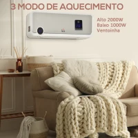 HOMCOM Aquecedor Cerâmico de Parede 1000W/2000W com Controle Remoto Tela LED Temporizador de 12h Termostato e Proteção contra Superaquecimento 56x18,5x11,7cm Branco(m-7)