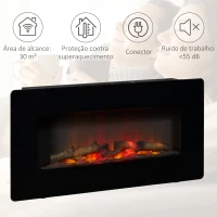 HOMCOM Lareira Elétrica de Parede 1800-2000W com Controle Remoto Simulação de Chama com Brilho Regulável Termostato e Temporizador para Salas de 30m² 91,4x11x44cm Preto(m-7)