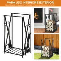HOMCOM Suporte para Lenhas 46x30x76cm com 4 Ferramentas Incluídas Estrutura de Aço Carga Máxima 100kg para Exterior e Interior Preto(m-6)