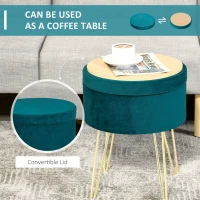 HOMCOM Scaun Rotund cu Compartiment de Depozitare din Catifea Verde si Auriu 36x36x45cm(m-5)