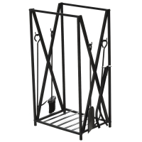 HOMCOM Suporte para Lenhas 46x30x76cm com 4 Ferramentas Incluídas Estrutura de Aço Carga Máxima 100kg para Exterior e Interior Preto