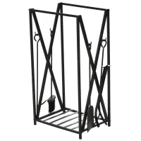 HOMCOM Suporte para Lenhas 46x30x76cm com 4 Ferramentas Incluídas Estrutura de Aço Carga Máxima 100kg para Exterior e Interior Preto(m-1)