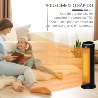HOMCOM Aquecedor Cerâmico de Torre 1000/2000W com Controle Remoto Tela LED Temporizador de 12h Termostato 3 Modos de Aquecimento e Oscilação de 45° para 25m² Ø19x56,7cm Preto(m-5)