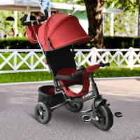HOMCOM Triciclo 3 EM 1 para Crianças +18 Meses com Pedais Capota Removível e Dobrável Barra Telescópica 102x49x102cm Vermelho(m-10)