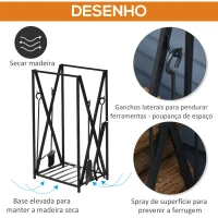 HOMCOM Suporte para Lenhas 46x30x76cm com 4 Ferramentas Incluídas Estrutura de Aço Carga Máxima 100kg para Exterior e Interior Preto(m-5)