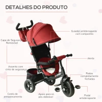 HOMCOM Triciclo 3 EM 1 para Crianças +18 Meses com Pedais Capota Removível e Dobrável Barra Telescópica 102x49x102cm Vermelho(m-7)