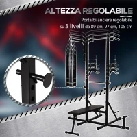 HOMCOM Power Tower con Panca e Sacco da Boxe di 20kg, Stazione Multiuso in Acciaio Nero per Allenamento Total Body(m-4)