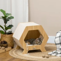 PawHut Maison niche pour chat design scandinave - coussin grand confort amovible inclus - 49,5 x 38,5 x 43,5 cm - aspect bois, beige(m-2)