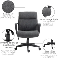 Vinsetto Chaise de bureau ergonomique fauteuil de bureau siège de bureau en toile avec accoudoir hauteur réglable pivotant à 360°  lin gris et piètement noir(m-7)