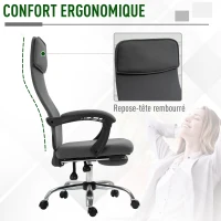 HOMCOM Fauteuil de bureau manager chaise de bureau dossier inclinable hauteur réglable roulettes pivotantes repose-pied appui-tête polyester gris(m-6)
