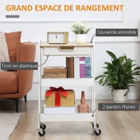HOMCOM Desserte de cuisine chariot de service 2 étagères tiroir plateau aspect bois clair acier PP blanc(m-4)