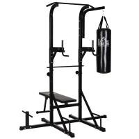 HOMCOM Power Tower con Panca e Sacco da Boxe di 20kg, Stazione Multiuso in Acciaio Nero per Allenamento Total Body(m-10)