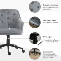 Vinsetto Chaise de bureau fauteuil de bureau ergonomique hauteur réglable pivotante à 360° revêtement velours grand confort 63 x 64 x 96 cm gris(m-7)