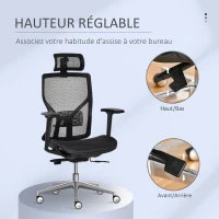 Vinsetto Fauteuil de bureau chaise de bureau ergonomique hauteur réglable avec appui-tête accoudoir 3D ajustable pivotante 360° tissu en maille 67 x 65 x 118-126 cm noir(m-4)