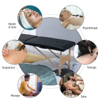 HOMCOM Table de massage pliante, lit de massage 2 zones 186 x 60 cm portable, hauteur réglable, oreiller facial amovible, table esthétique tatouage en bois de hêtre, sac de transport inclus, noir(m-6)