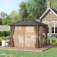 Outsunny Gazebo da Giardino 3x3m in Alluminio con Zanzariera, Tende Laterali e Tetto Rigido, Marrone(m-2)
