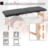 HOMCOM Table de massage pliante, lit de massage 2 zones 186 x 60 cm portable, hauteur réglable, oreiller facial amovible, table esthétique tatouage en bois de hêtre, sac de transport inclus, noir(m-4)