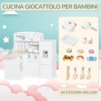 HOMCOM Cucina Giocattolo per Bambini in Legno con 14 Accessori, Forno, Lavandino, Frigo e Microonde, Età 3+ Anni, 86x64x84.5cm, Bianco e Argento(m-5)