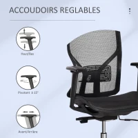 Vinsetto Fauteuil de bureau chaise de bureau ergonomique hauteur réglable avec appui-tête accoudoir 3D ajustable pivotante 360° tissu en maille 67 x 65 x 118-126 cm noir(m-6)