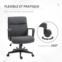 Vinsetto Chaise de bureau ergonomique fauteuil de bureau siège de bureau en toile avec accoudoir hauteur réglable pivotant à 360°  lin gris et piètement noir(m-6)