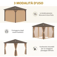 Outsunny Gazebo da Giardino 3x3m in Alluminio con Zanzariera, Tende Laterali e Tetto Rigido, Marrone(m-7)