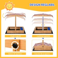 Outsunny Nisipar din Lemn pentru Copii cu Copertina Reglabila in Inaltime, 107.5x107.5x110cm(m-4)