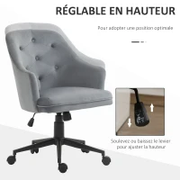 Vinsetto Chaise de bureau fauteuil de bureau ergonomique hauteur réglable pivotante à 360° revêtement velours grand confort 63 x 64 x 96 cm gris(m-4)