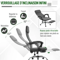 HOMCOM Fauteuil de bureau manager chaise de bureau dossier inclinable hauteur réglable roulettes pivotantes repose-pied appui-tête polyester gris(m-5)