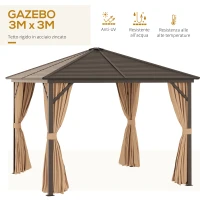 Outsunny Gazebo da Giardino 3x3m in Alluminio con Zanzariera, Tende Laterali e Tetto Rigido, Marrone(m-5)