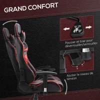 HOMCOM Fauteuil gamer chaise de gaming fauteuil de bureau pivotant inclinable fauteuil manager grand confort style baquet racing avec coussins revêtement synthétique rouge noir(m-5)