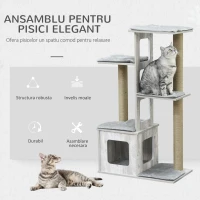 PawHut Copac de zgariat pentru Pisici pe mai multe nivele, Casuta si Franghii din Iuta, Gri(m-4)