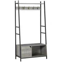 HOMCOM Coat Rack Stand, Shoe Bench with 5 Hooks and Storage Cabinet, Freestanding Metal Frame Hall Tree for Hallway, Grey(m-1)