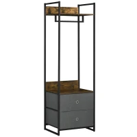 HOMCOM Clothes Rail, Metal Coat Stand, Garment Rack with 2 Fabric Storage Drawers, Single Wardrobe for Bedroom, Hallway, Rustic Brown and Grey(m-1)