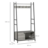 HOMCOM Coat Rack Stand, Shoe Bench with 5 Hooks and Storage Cabinet, Freestanding Metal Frame Hall Tree for Hallway, Grey(m-3)